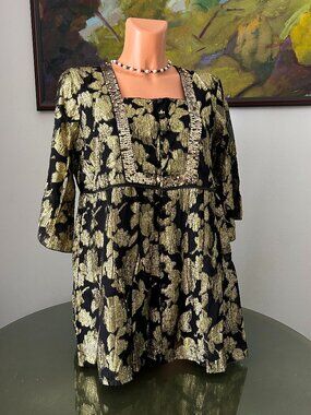 Denim 24/7 NWOT Black Flowy Top w/ Golden Metallic Floral Designs